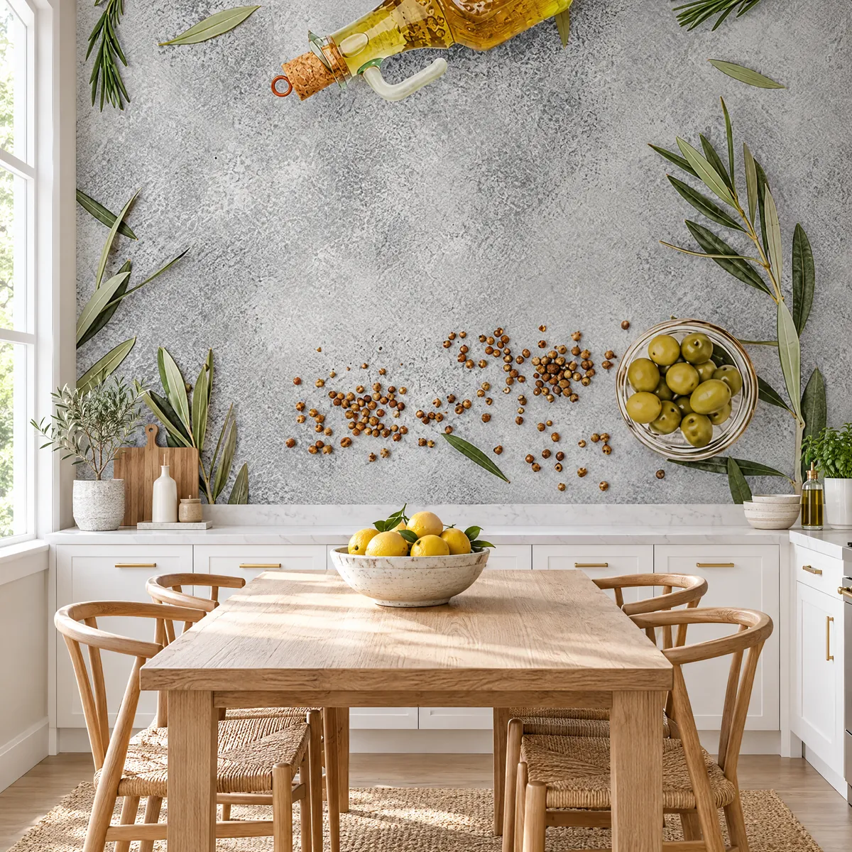 Foto tapeta sa maslinovim uljem i maslinama u kuhinji