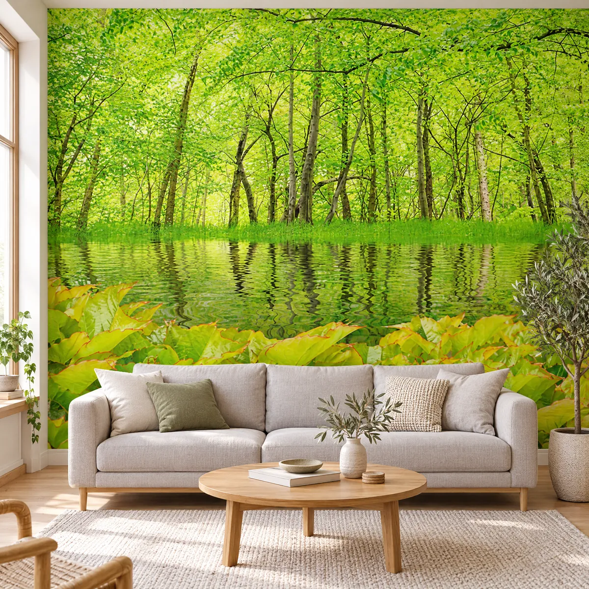 Foto tapeta sa šumom i jezerom u dnevnoj sobi