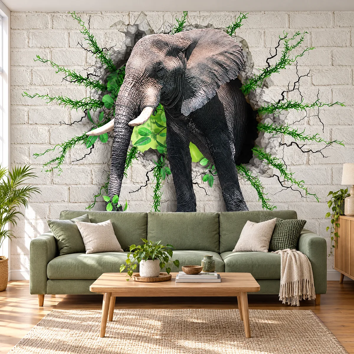 3D foto tapeta sa slonom koji probija zid u dnevnoj sobi