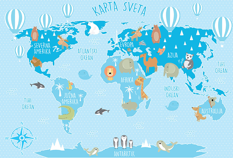 Foto tapeta Plava mapa sveta sa prugastim balonima na zidu