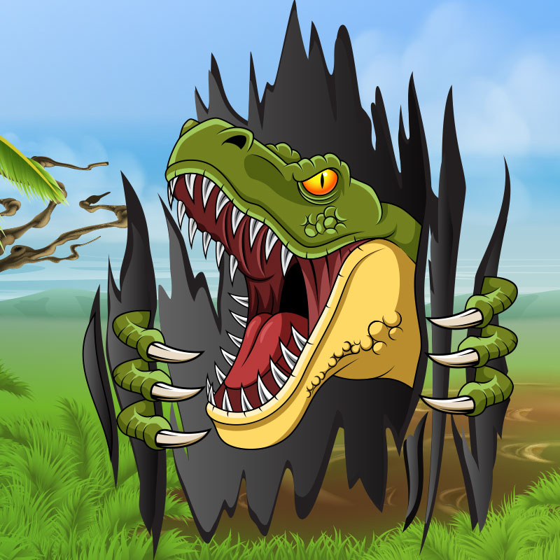 Foto tapeta Crtani dinosaurus cepa livadu na zidu