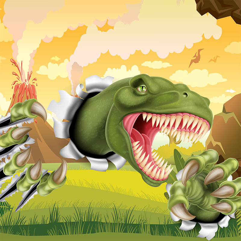 Foto tapeta Dinosaurus kraj vulkana na zidu