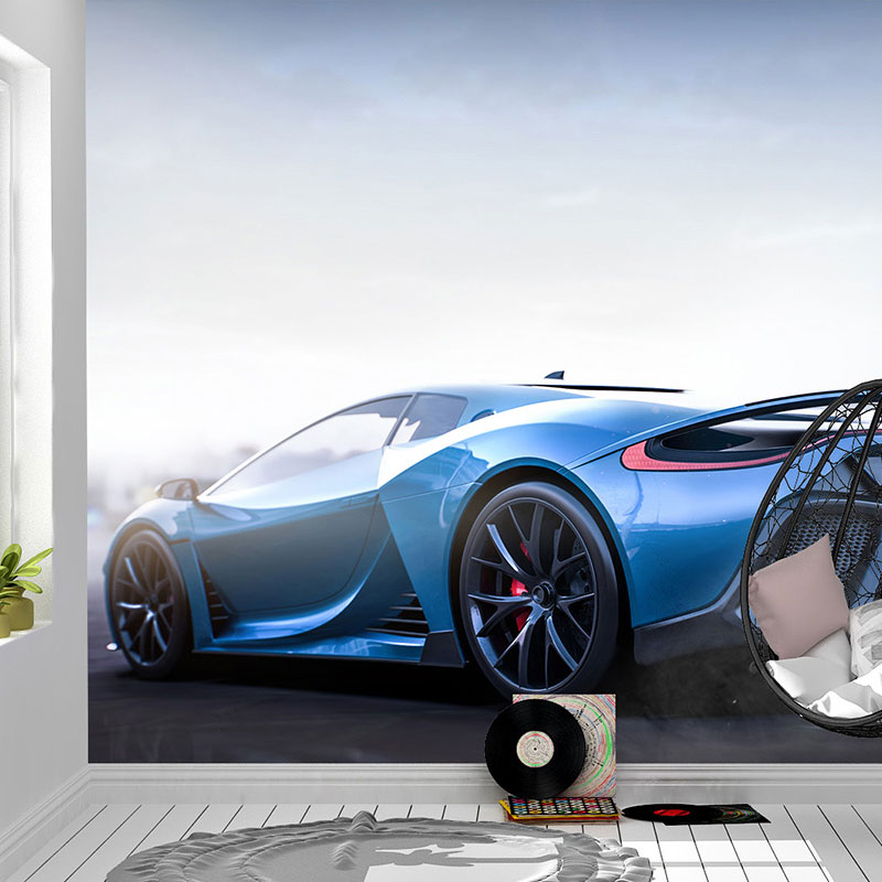 Plavi sportski automobil u magli, foto tapeta na zidu