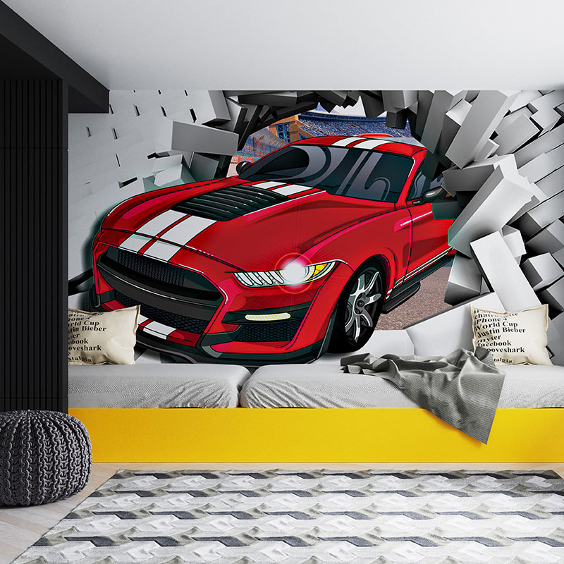 Foto tapeta Crveni automobil sa belim prugama na zidu