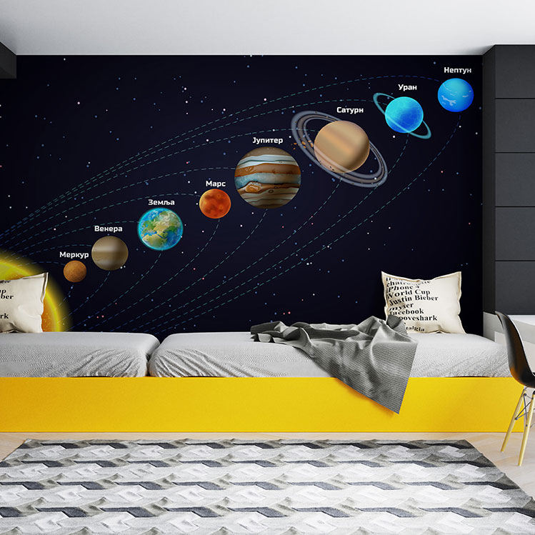 Foto tapeta Planete sa imenima na ćirilici na zidu