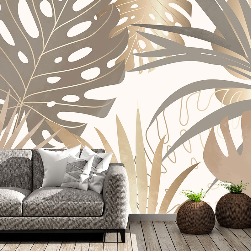 Bež monstera i lepezaste palme, foto tapeta na zidu