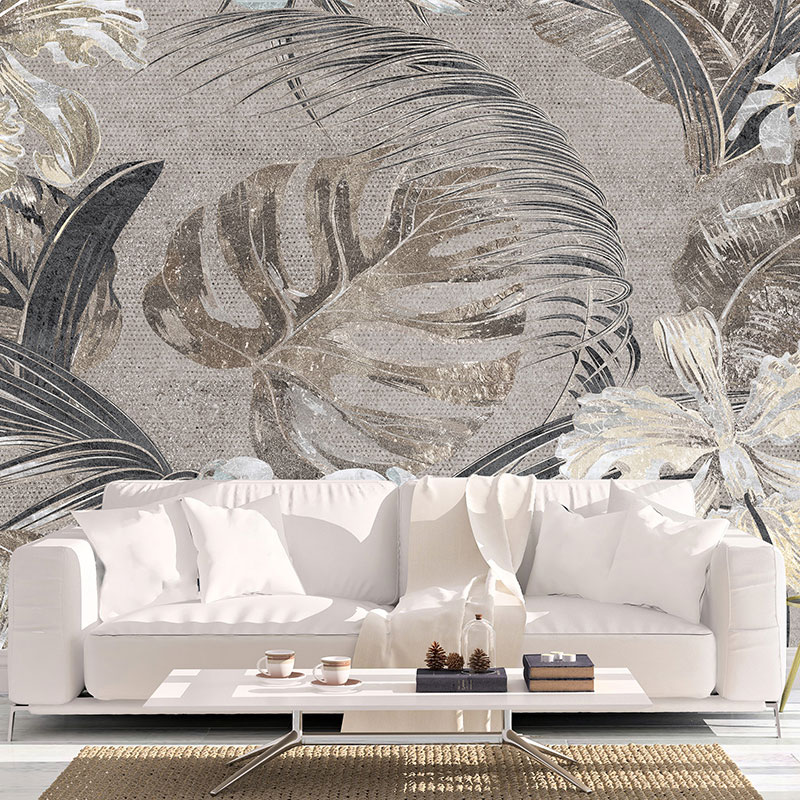 Monstera i cveće u sepiji, foto tapeta na zidu