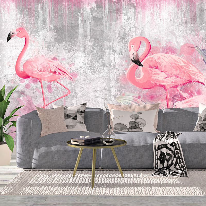 Foto tapeta Ružičasti flamingosi na betonu na zidu