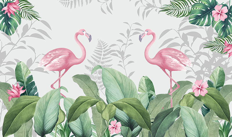 Ceo dezen Flamingosi među tropskim lišćem