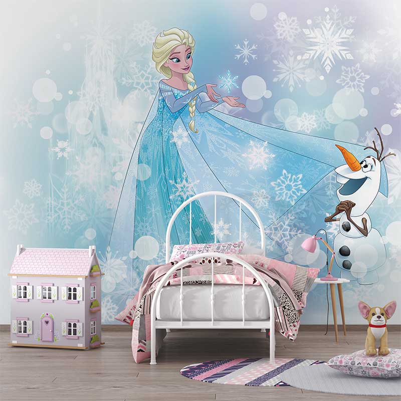 Foto tapeta Elsa i Olaf među pahuljama na zidu