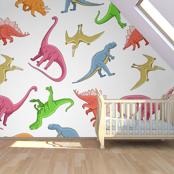 Foto tapeta Dinosaurusi svih boja na zidu